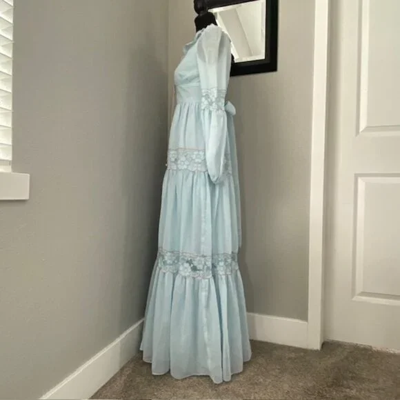 VINTAGE 70s Gunne Sax Blue Lace Long Maxi Prairie Boho Dress Sz XS - Picture 5 of 15